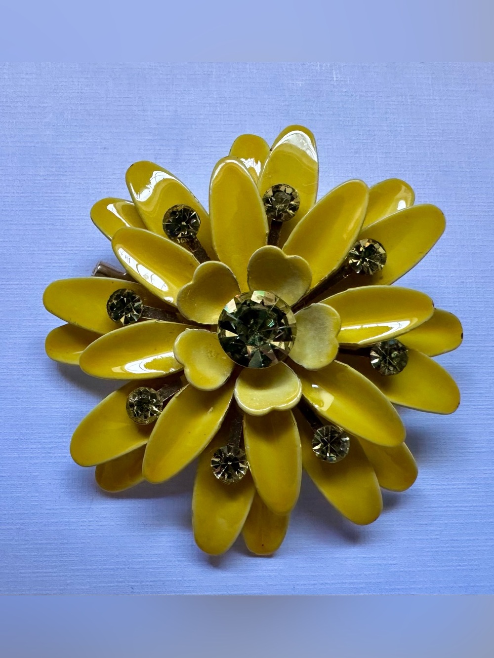 Vintage Yellow Enamel Flower Brooch with Rhinestones